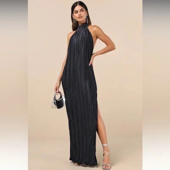 Lulus Gwenny High Neckline Satin Plisse Maxi Dress Dark Navy Blue - Size Medium - Picture 2 of 7